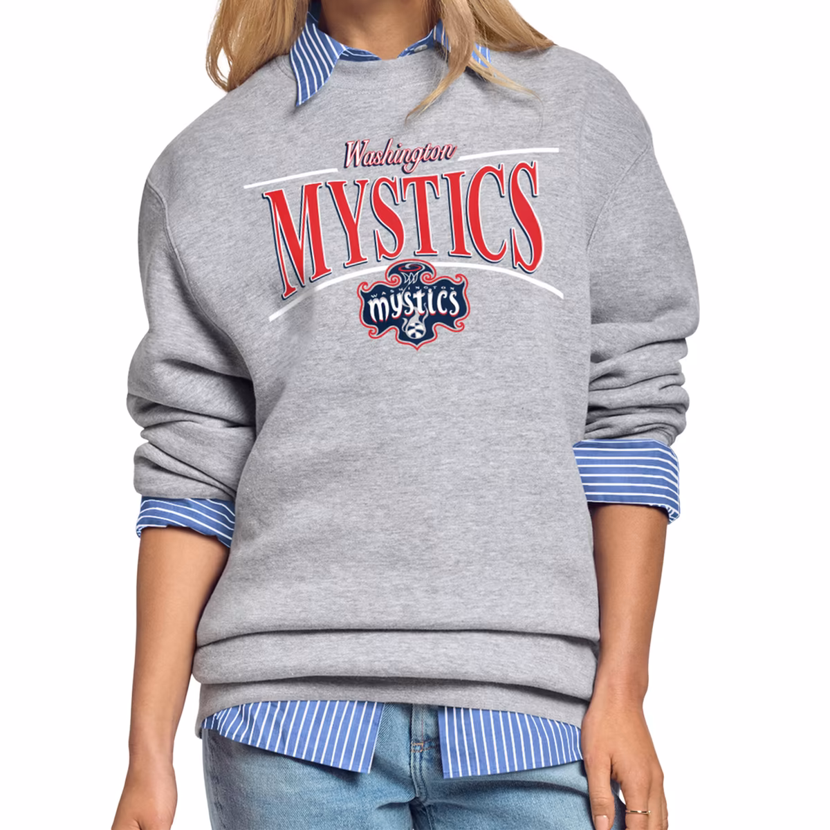 Women's Washington Mystics Starter Gray Arch Stripe Fleece Crewneck Sweatshirt 1 Women's Washington Mystics Starter Gray Arch Stripe Fleece Crewneck Sweatshirt