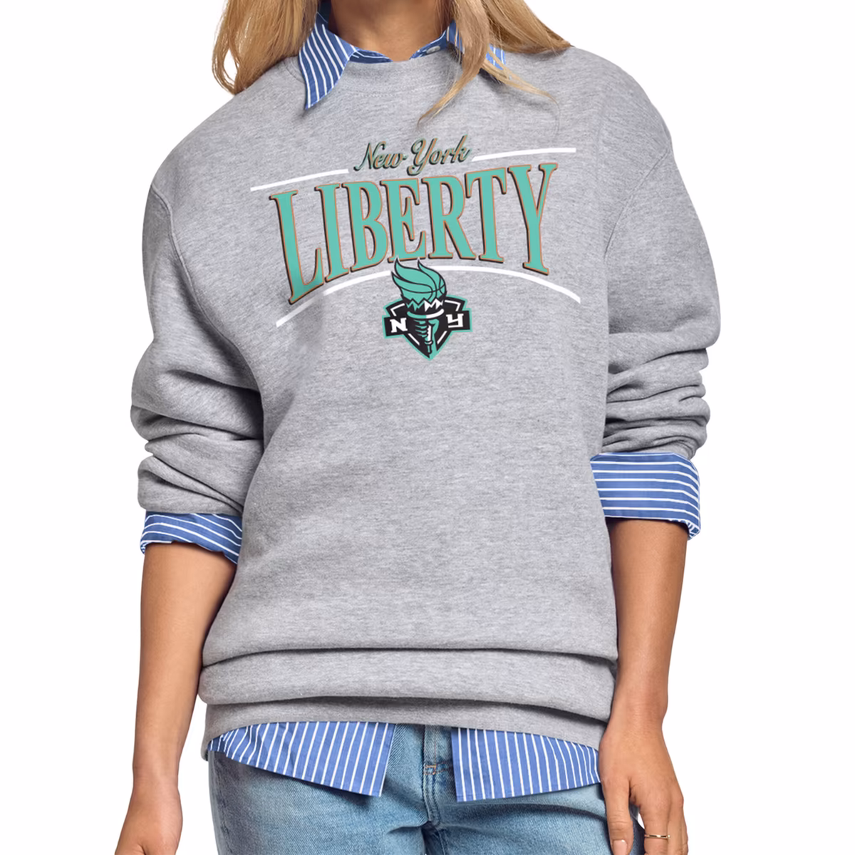 Women's New York Liberty Starter Gray Arch Stripe Fleece Crewneck Sweatshirt