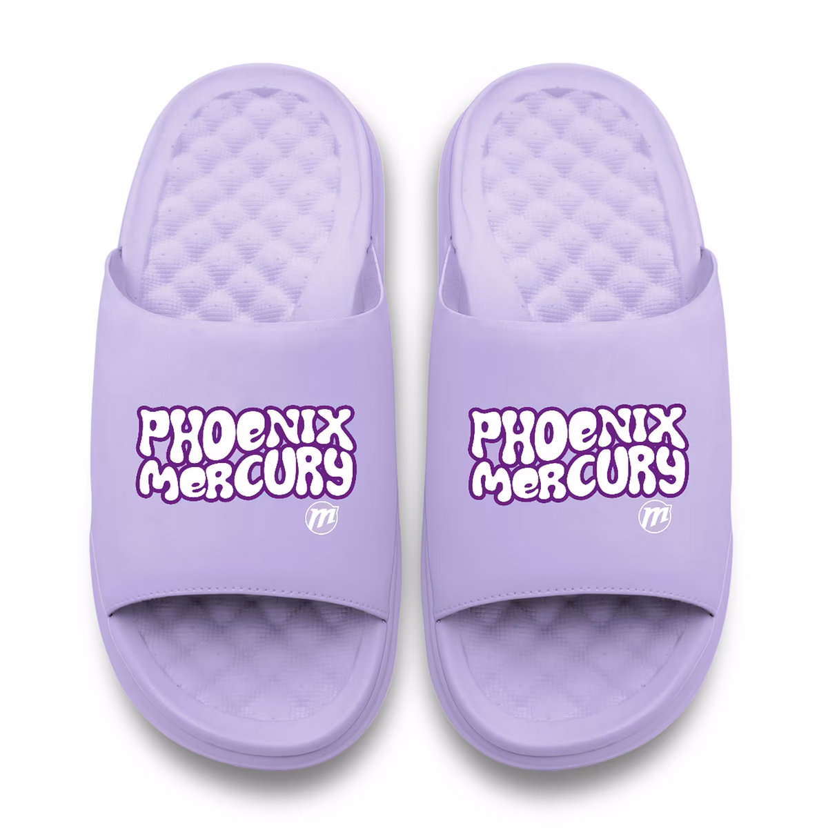 Unisex Phoenix Mercury ISlide Lavender Bubble Letters Motive Slide Sandals 1 Unisex Phoenix Mercury ISlide Lavender Bubble Letters Motive Slide Sandals
