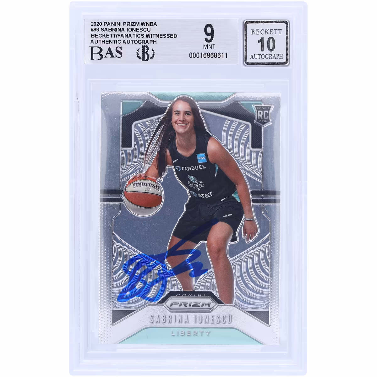 Sabrina Ionescu New York Liberty Autographed 2020 Panini Prizm #89 Beckett Fanatics Witnessed Authenticated 9/10 Rookie Card